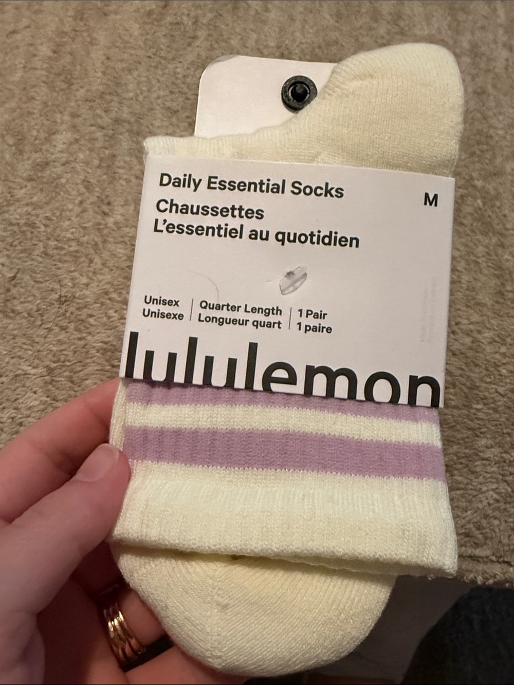 LULULEMON Cream Crew Socks with Lavender Stripes